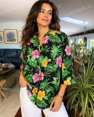Lauren Ralph Lauren 100% Linen Tropical Floral Tunic Blouse Women’s Lg Hibiscus
